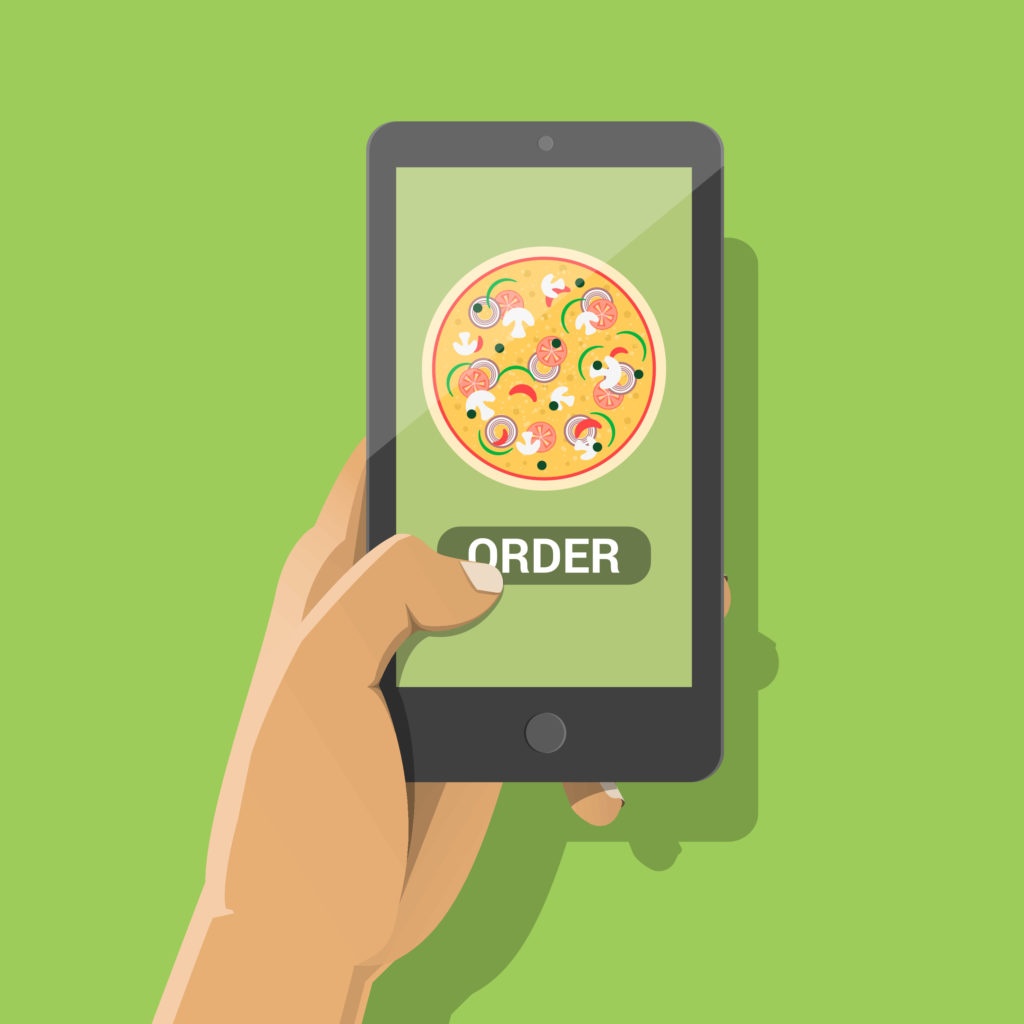 Online ordering illustration graphic of a hand holding a mobile phone using an online ordering system